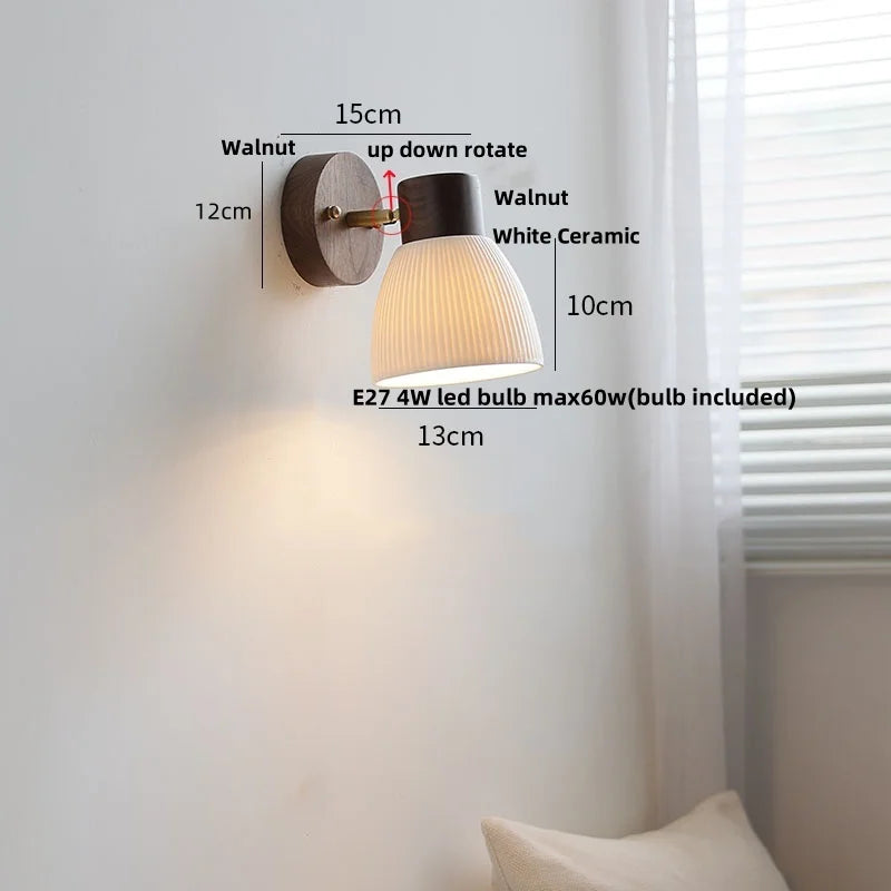 White Flower Ceramic LED Wall Sconce with Wood Base and Copper Rotate