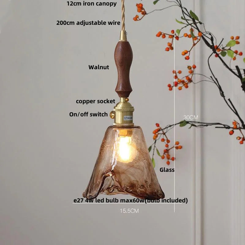 Wood Amber Glass LED Pendant Light Fixture - Nordic Modern Hanging Lamp