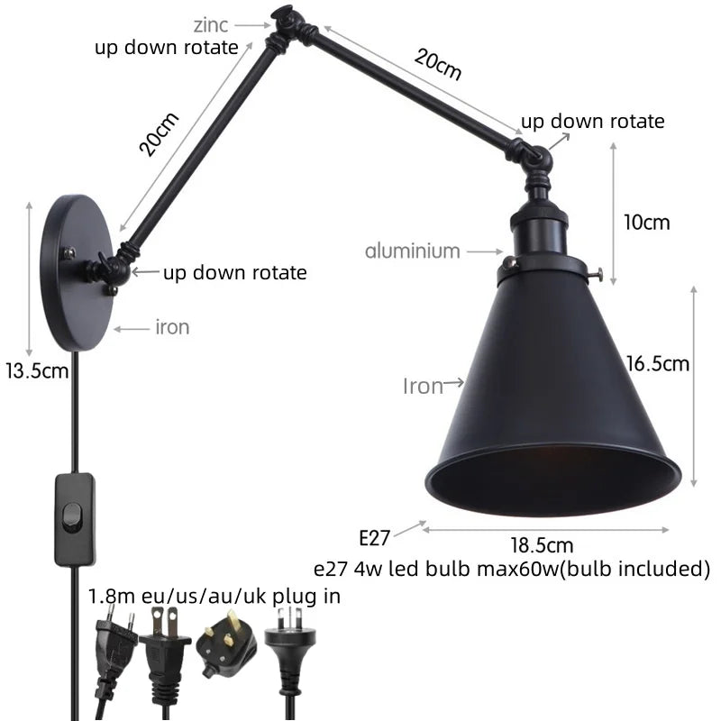 Vintage Iron Gold LED Wall Lamp with Long Arm and Pull Chain Switch