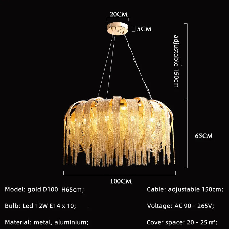 Modern E14 Pendant Lights by Afralia™: Tassel Design, Aluminium Construction, Chrome & Gold Finish