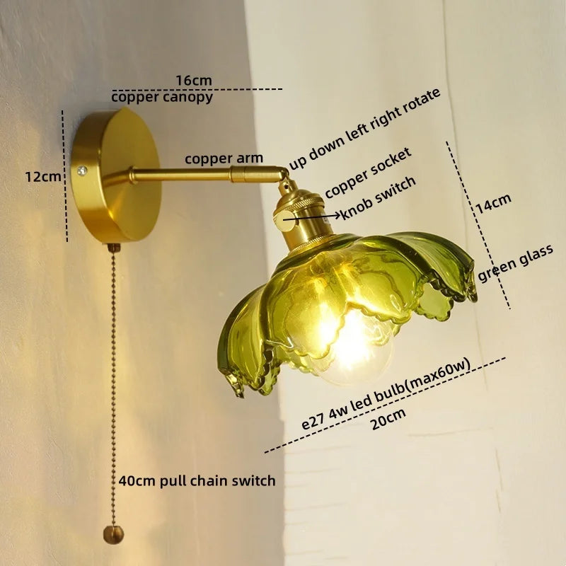 Nordic LED Wall Lights Pull Chain Switch Copper Glass Home Decor