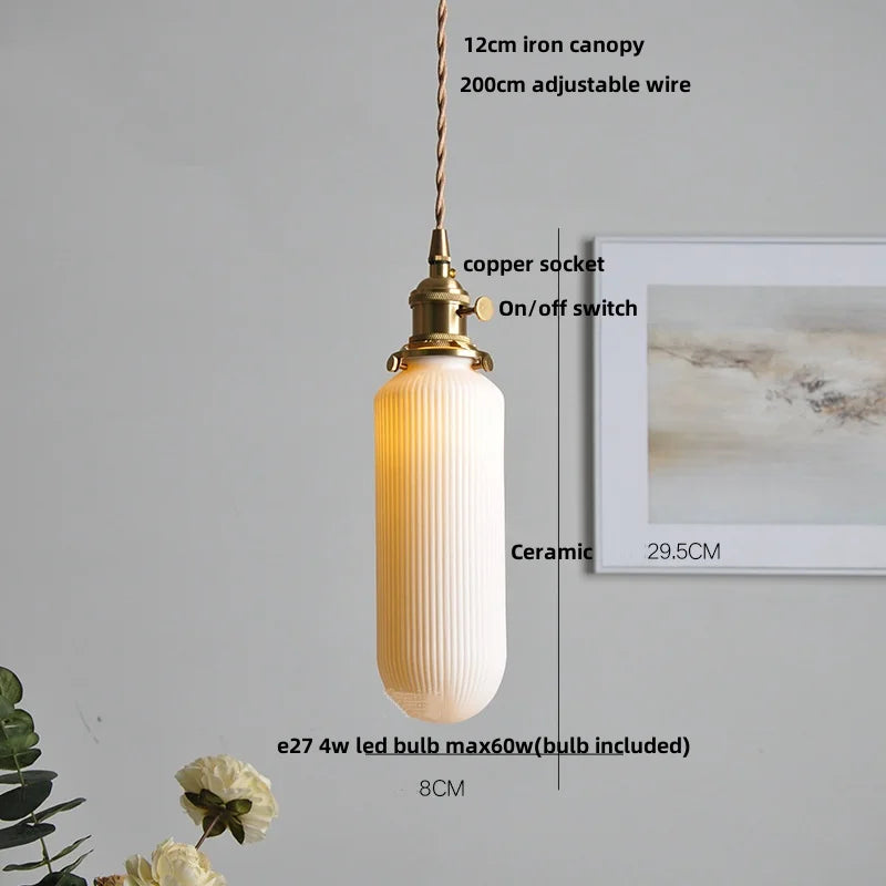 Walnut Wood LED Pendant Lights with Ceramic Accent & Copper Knob Switch
