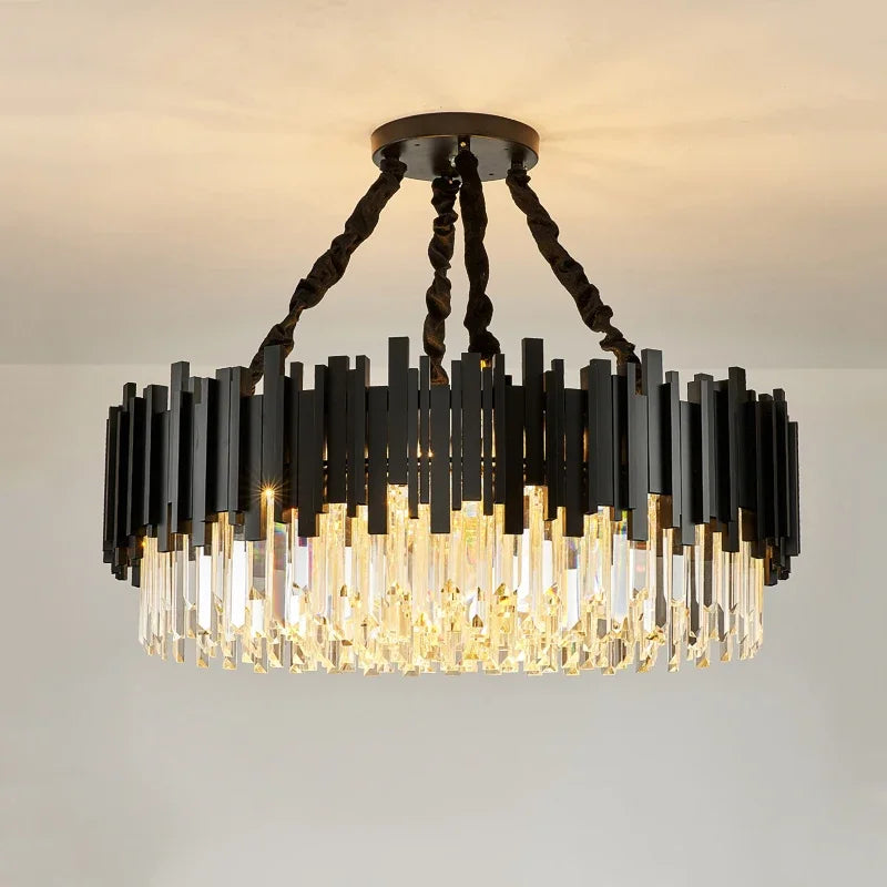 Oval LED Crystal Chandelier: Modern Black Pendant Light for Living Room, Bedroom, Dining Room