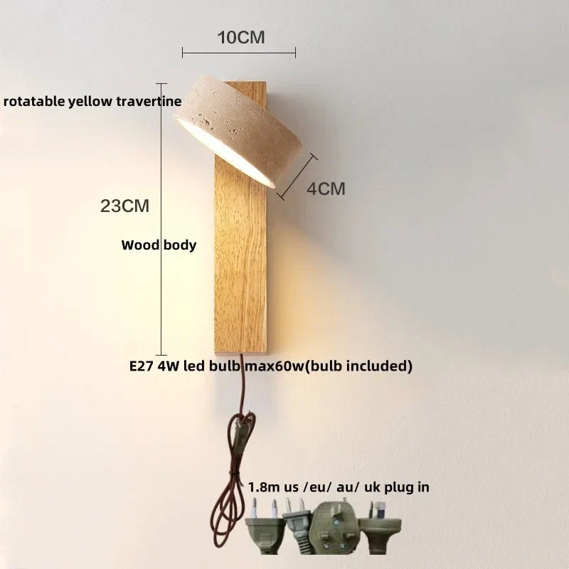Yellow Travertine Wood Canopy LED Wall Light, Japan Style Bedside Lamp