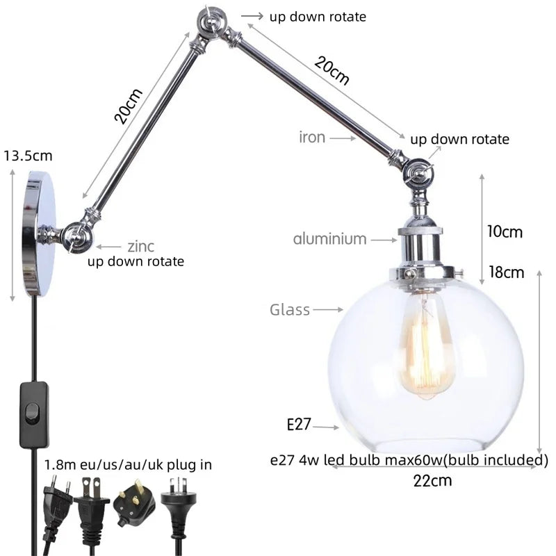 Vintage Loft LED Wall Lights Pull Chain Switch Glass Chrome Wall Lamp