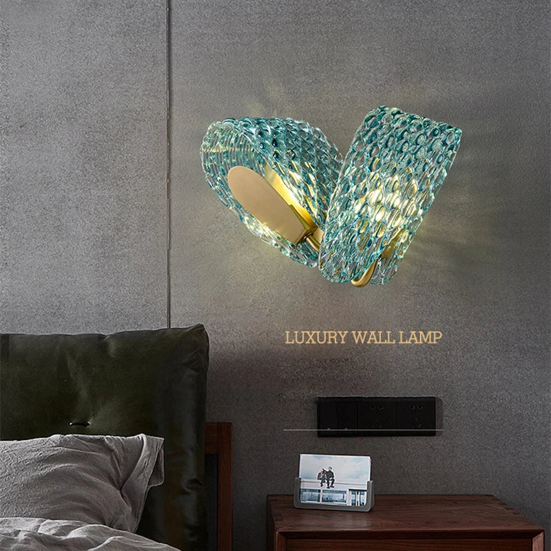 Blue Glass Flower Ceiling Chandelier Copper Hanging Lamps