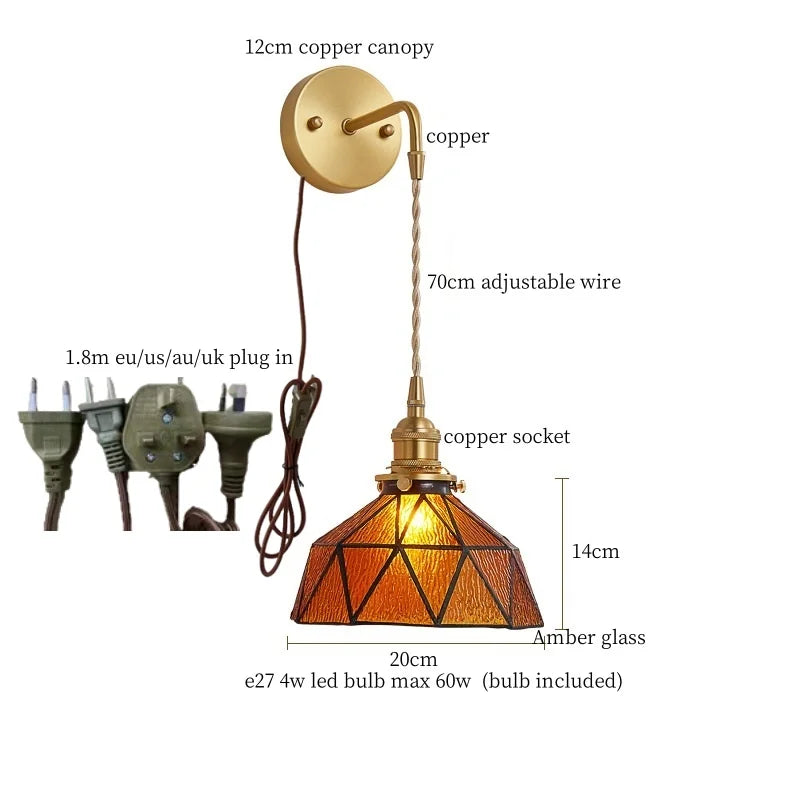 Tiffany Glass LED Wall Lamp Pull Chain Switch Vintage Copper Wall Lights
