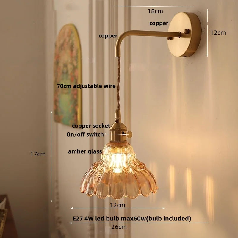 Amber Glass LED Wall Sconce, Brass Finish, Adjustable Wire, Modern Nordic Style