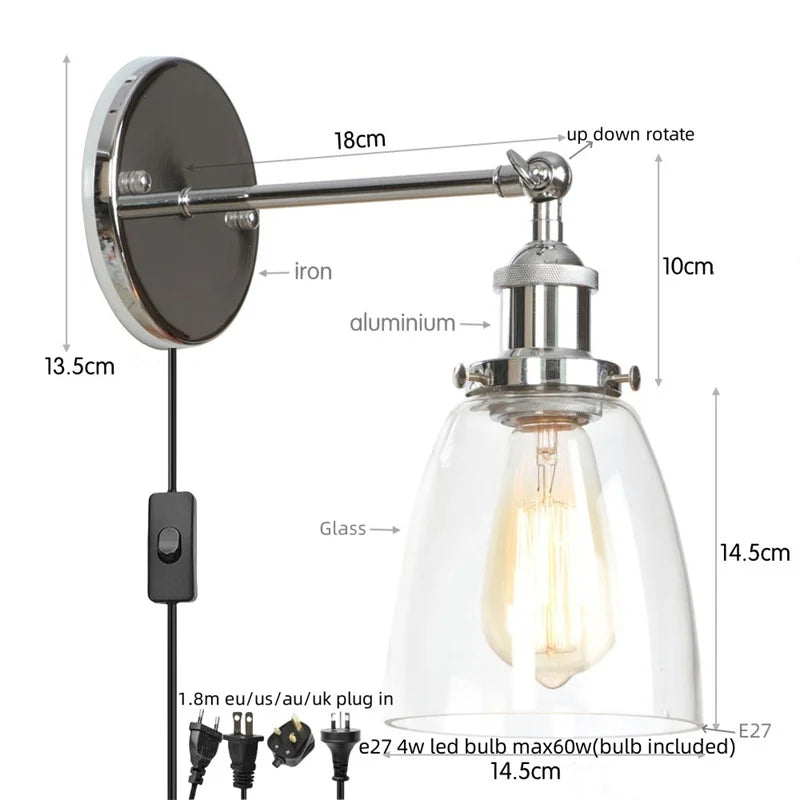 Vintage Single Arm LED Wall Lamp Iron Glass Retro Stair Light