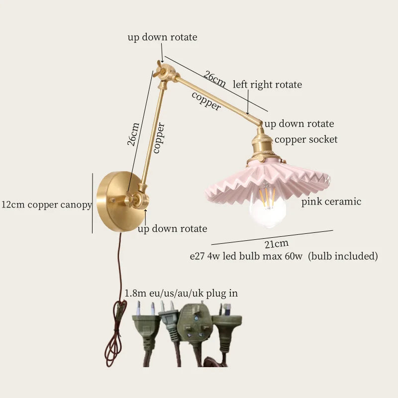 Afralia™ Cream Resin LED Wall Lights with Pull Chain Switch - Vintage Copper Bedside Lamp