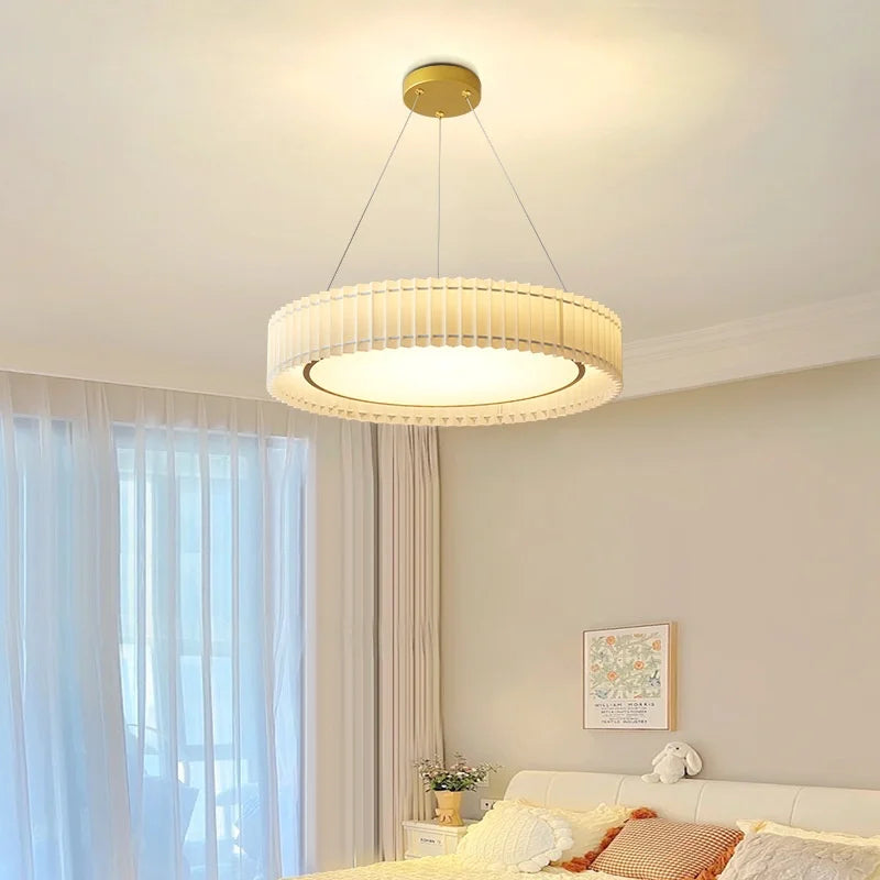 Nordic Pleated Fabric E27 Pendant Light Dining Room Creamy Hanging Lamp Bedroom Suspend Lamp - Afralia™