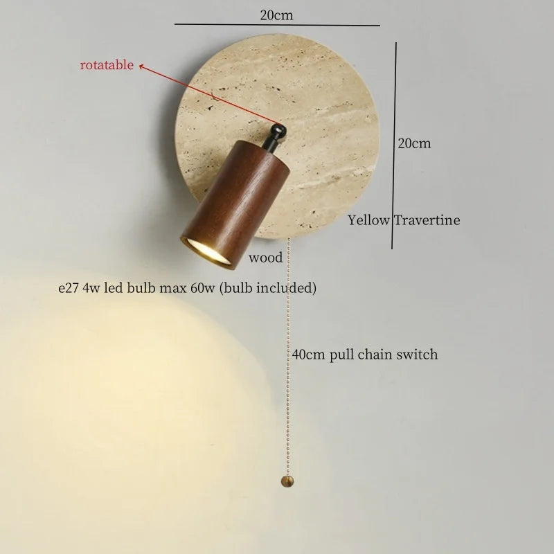White Glass LED Wall Lamps Pull Chain Yellow Travertine Modern Bathroom Light