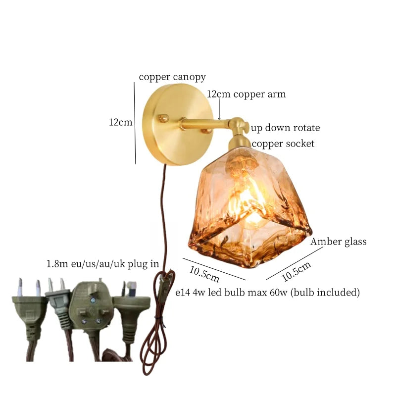 Afralia™ Japanese Amber Glass LED Wall Lamp Copper Vintage Design