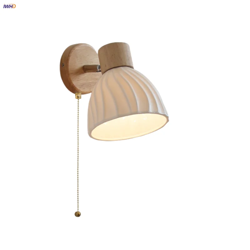 White Ceramic Wood LED Wall Light Fixture Pull Chain Switch Bedside Lamp