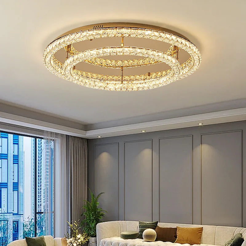 Afralia™ Modern Luxury Dimmable Crystal Chandelier Round Steel LED Ceiling Light