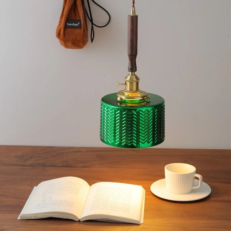 Modern Walnut Wood LED Pendant Lights with Green Glass & Copper Knob Switch
