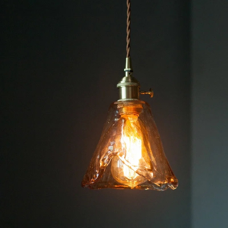 Brass Amber Glass LED Pendant Light for Restaurant Bedside Kitchen Loft Bar
