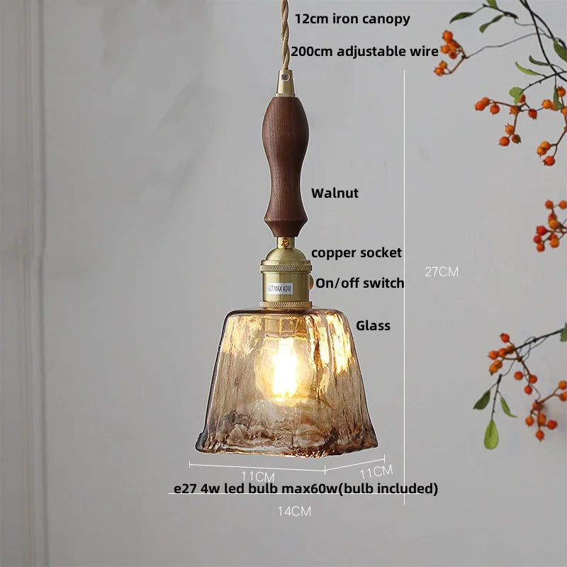 Wood Amber Glass LED Pendant Light Fixture - Nordic Modern Hanging Lamp
