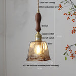 Wood Amber Glass LED Pendant Light Fixture - Nordic Modern Hanging Lamp
