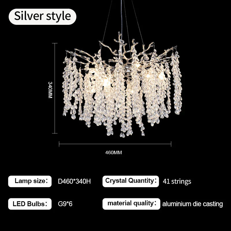 Grape Crystal Chandelier Silver Gold LED Tree Branch Luxury Lighting