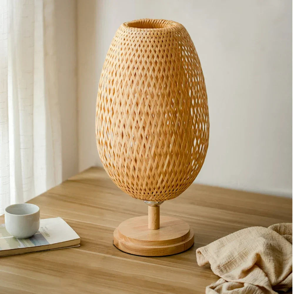 Handcrafted Bamboo Table Lamp with Wood Rattan Lampshade