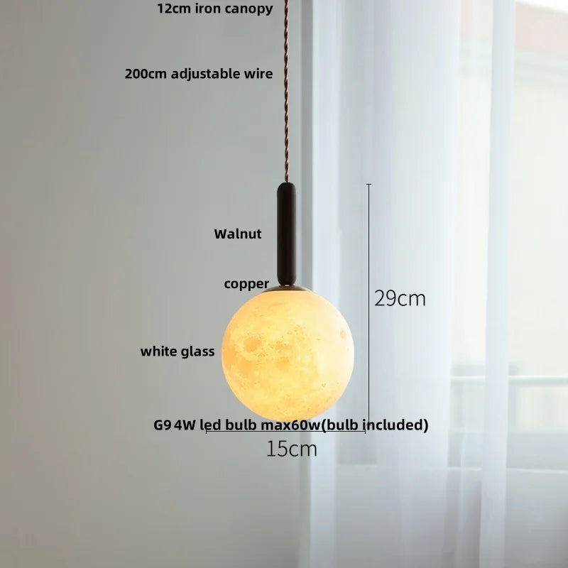 White Globe Glass LED Pendant Light Fixture with Walnut Wood, Adjustable, Nordic Modern Style