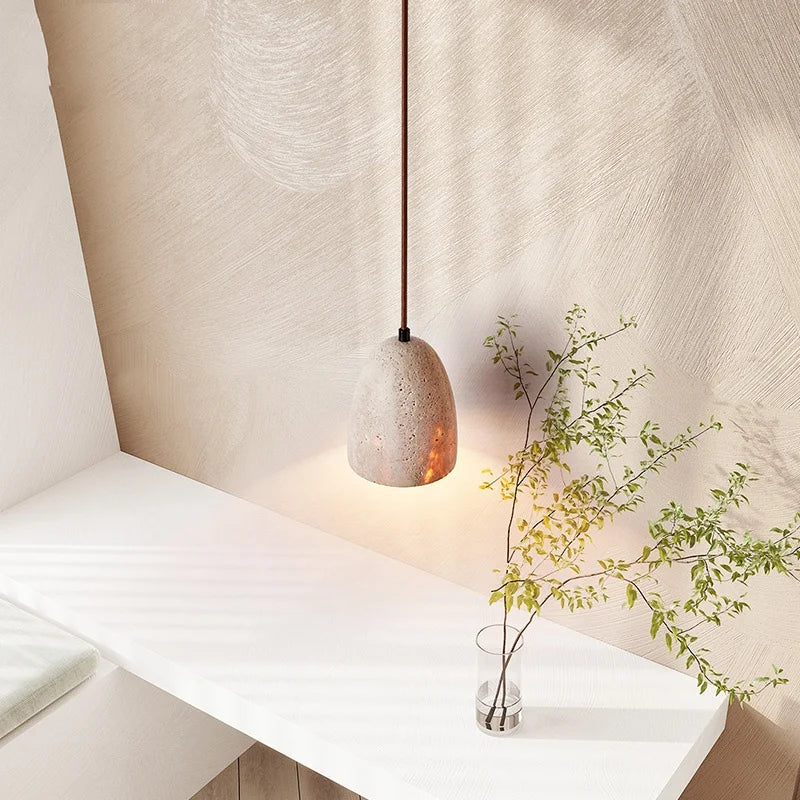LED Pendant Lamp Yellow Travertine Japanese Style Adjustable Hanging Light