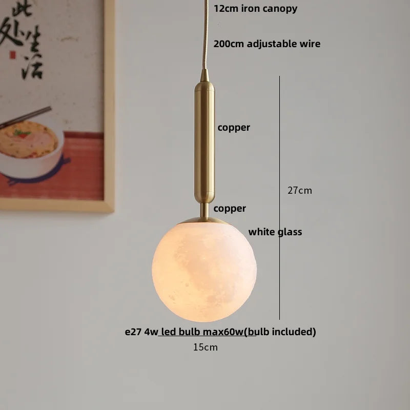 White Glass LED Pendant Lamp Copper Adjustable Hanging Light
