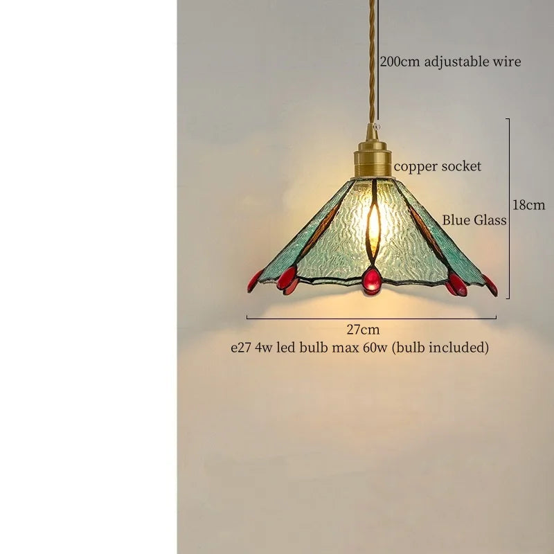 Tiffany Glass LED Pendant Light - Copper Vintage Hanging Lamp