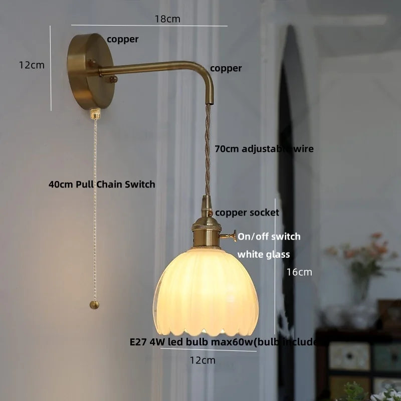Smoke Gray Glass LED Wall Light Fixture Minimalist Pull Chain Switch Bedside Lamp