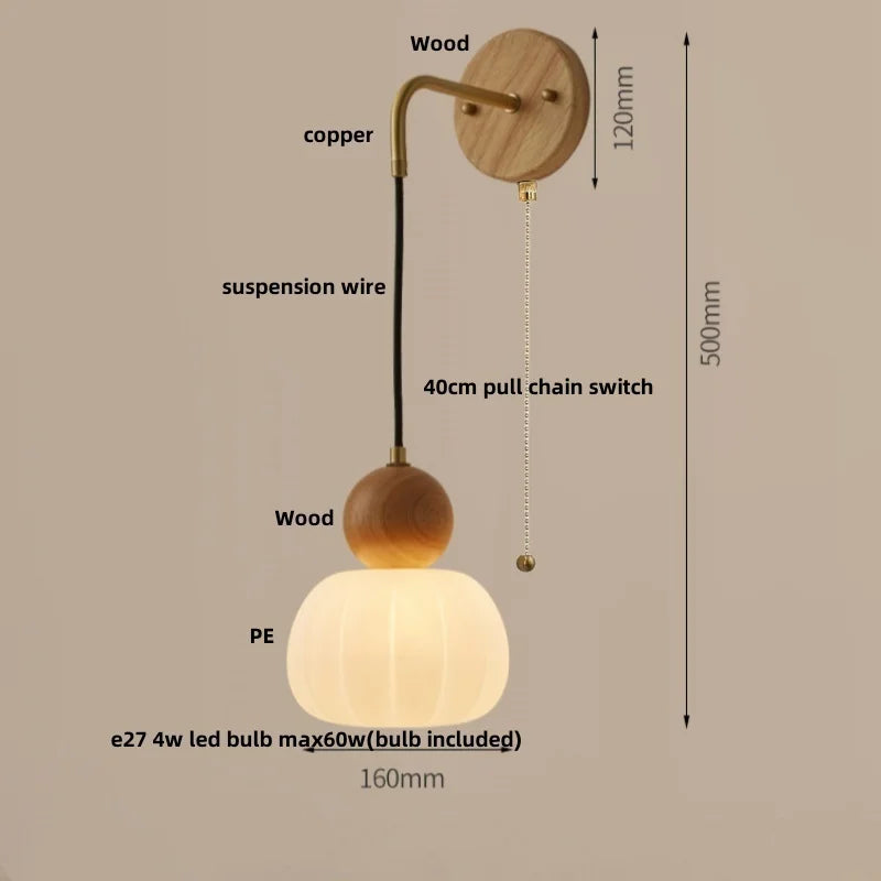 Walnut Wood LED Wall Lamp Sconce Pull Chain Switch Adjustable Art Light