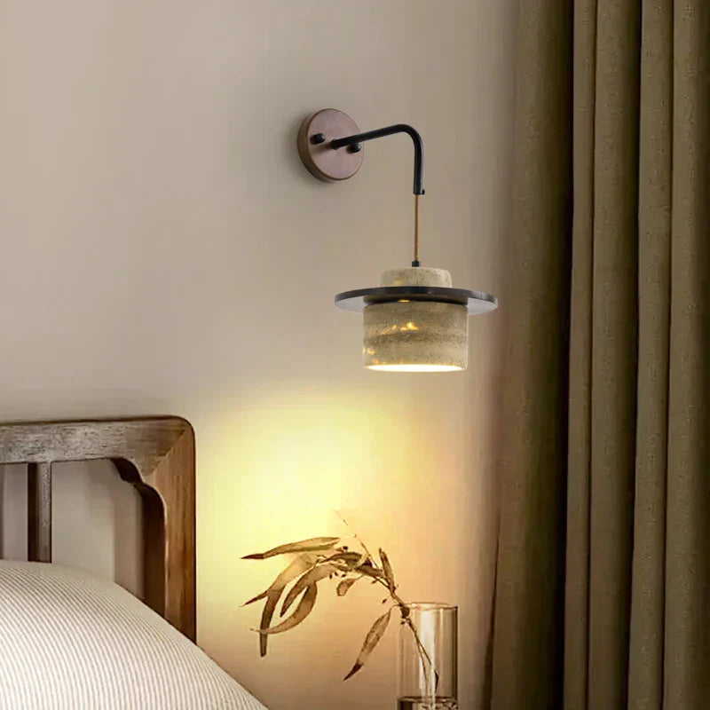 Yellow Travertine Stone Wood Wall Sconce LED Light Fixture, Modern Nordic Design