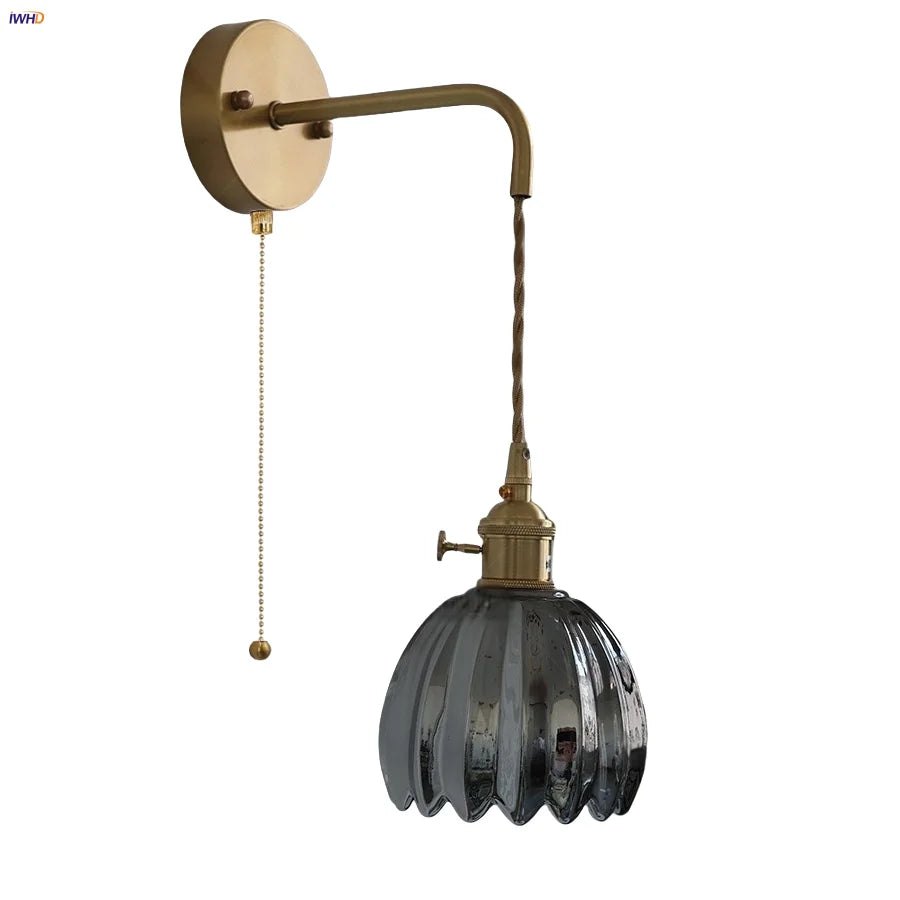 Smoke Gray Glass LED Wall Light Fixture Minimalist Pull Chain Switch Bedside Lamp