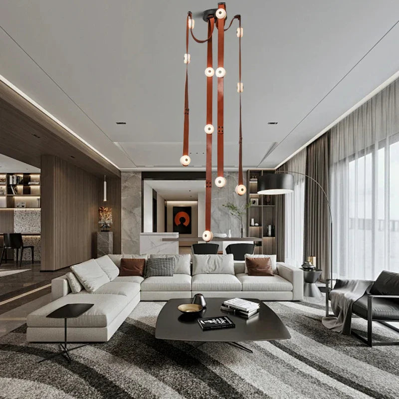 Soft Leather Marble Chandelier: Luxury Dimmable Lighting Fixture for Living Room or Cafe.