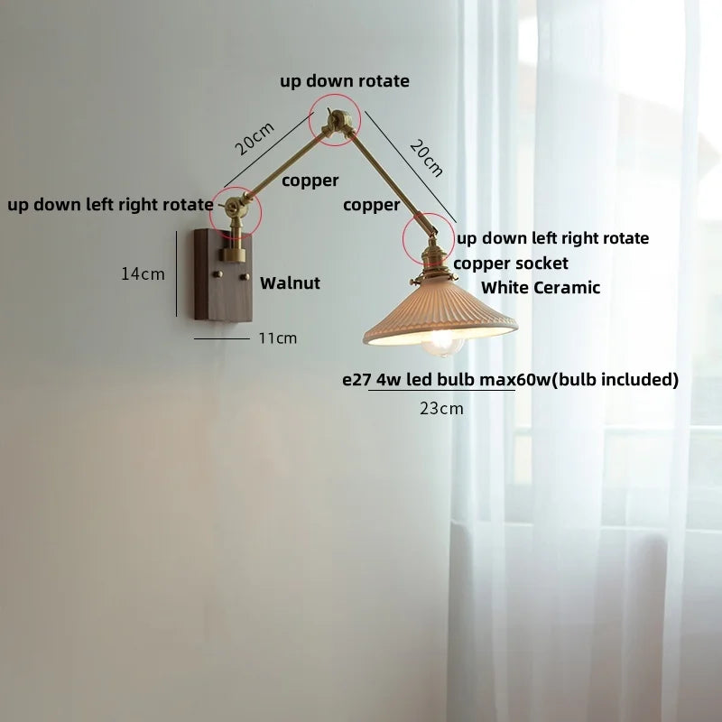 White Ceramic LED Wall Light Nordic Modern Copper Rotatable Bedside Lamp