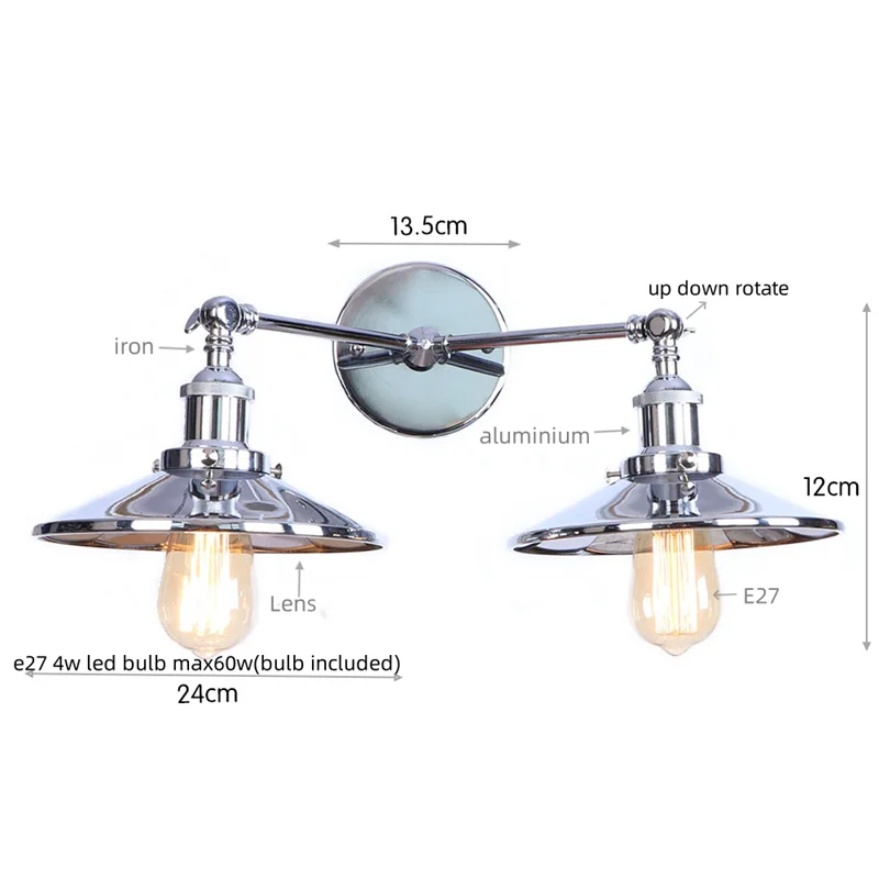Vintage Gold Industrial Wall Lights with Pull Chain Switch and 2 Heads