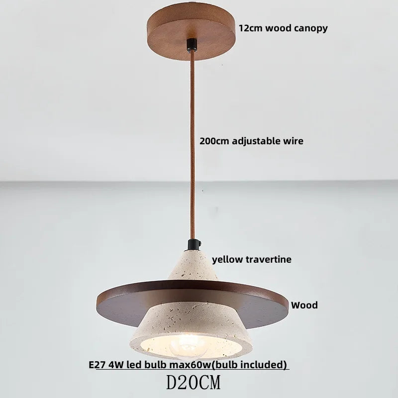 Yellow Travertine LED Pendant Lamp with Natural Wood Accent