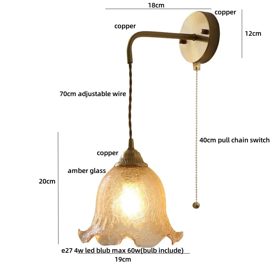 Amber Glass LED Wall Sconce with Pull Chain Switch for Bedroom and Bathroom