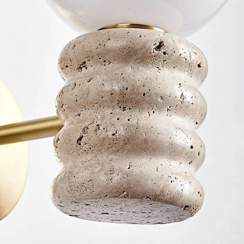 Japanese LED Wall Lamp, Pull Chain Switch, Yellow Travertine Glass, White Shade