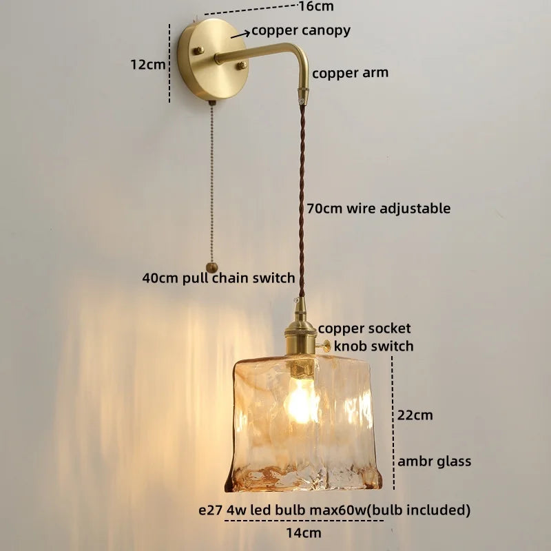 Glass Copper LED Wall Lights with Knob Switch, Modern Bedside Lamp