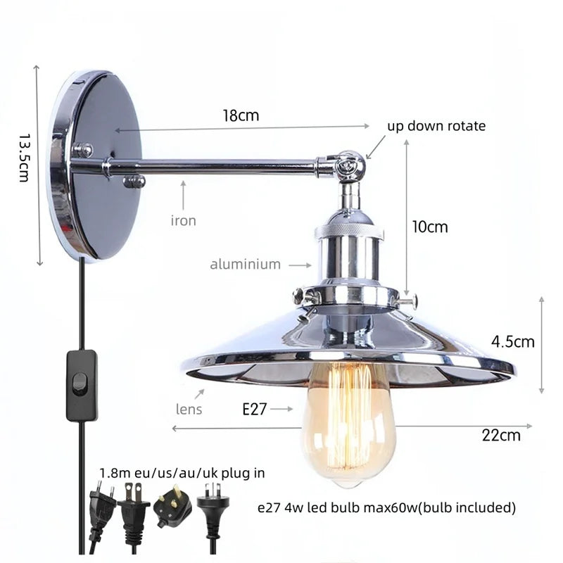 Vintage LED Pull Chain Wall Lights, Industrial Retro Iron Aisle Bedside Lamp