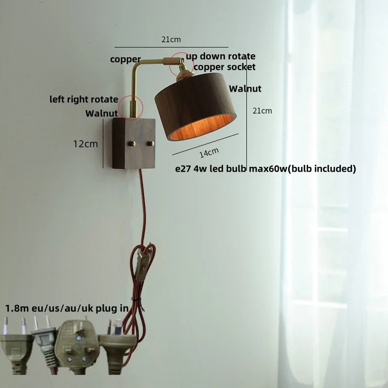 Walnut Wood LED Wall Sconce, Copper Toggle Switch, Vintage Loft Style