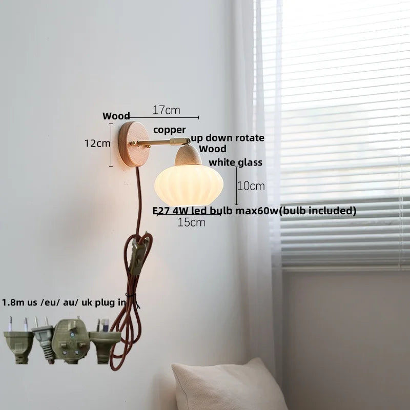 Wood Canopy LED Wall Light Pull Chain Switch Nordic Modern Bedside Sconce
