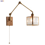 Ash Wood LED Swing Arm Wall Light with Pull Chain Switch & Blue Glass