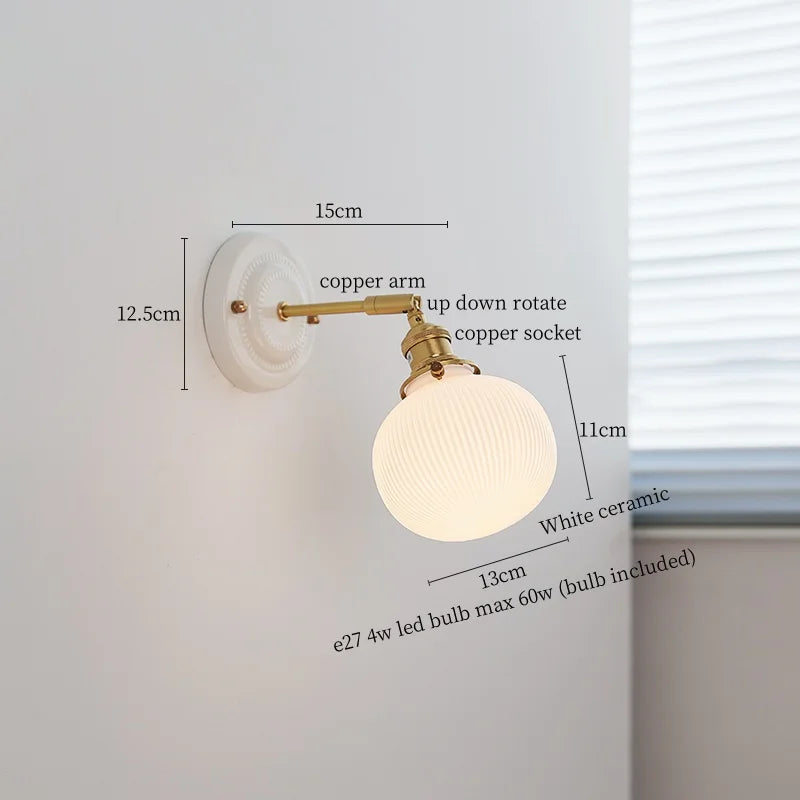 White Glass LED Wall Lights Pull Chain Switch Copper Arm - Bedroom Stair Living Room Mirror Bedside Lamp