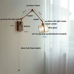 Ash Wood LED Swing Arm Wall Light with Pull Chain Switch & Blue Glass