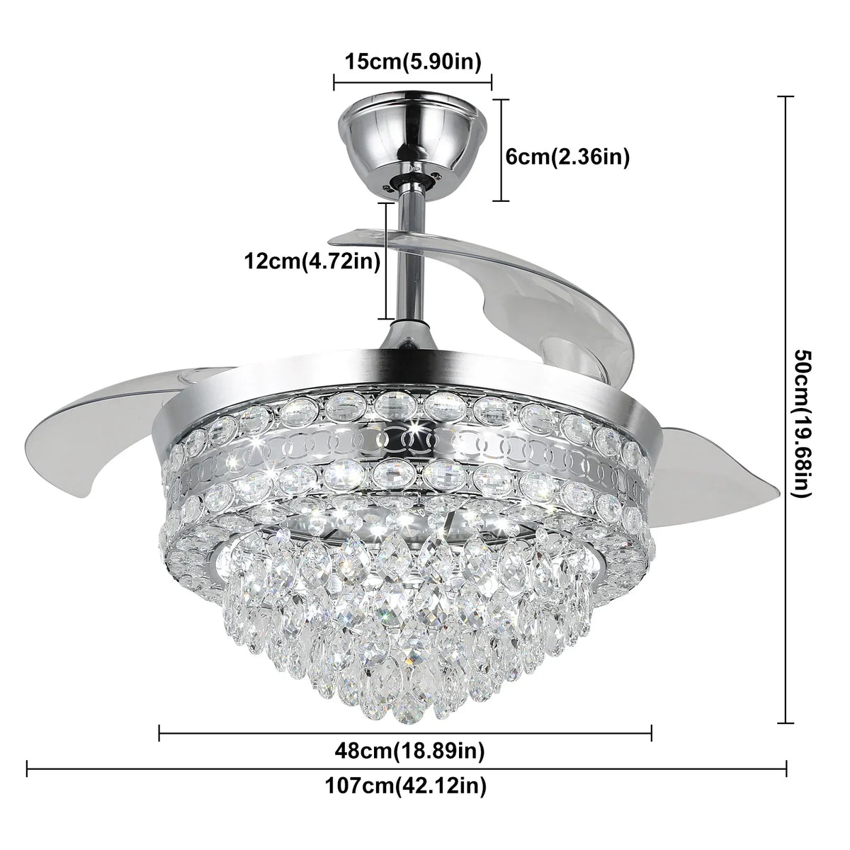 Modern Crystal Chandelier Fan with Retractable Blades and Dimmable LED Light