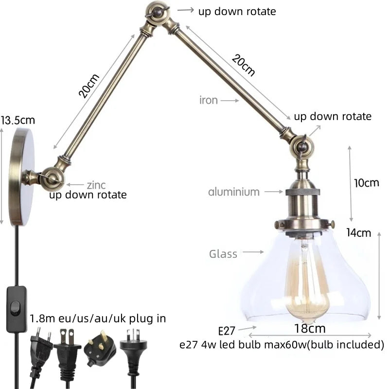 Vintage Industrial LED Wall Light with Clear Glass Shade & Adjustable Long Arm