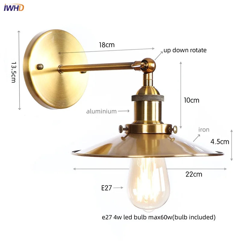 Loft LED Wall Lamp Gold Pull Chain Switch Industrial Luminaire