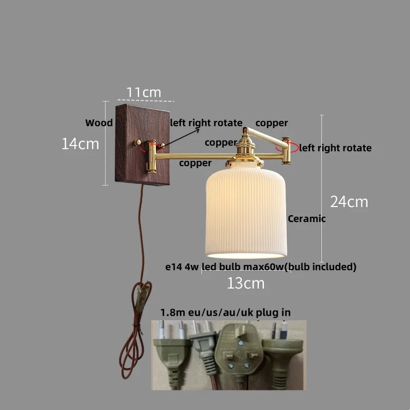 Wood Swing Arm LED Wall Light - Rotatable Bedroom Balcony Bedside Lamp